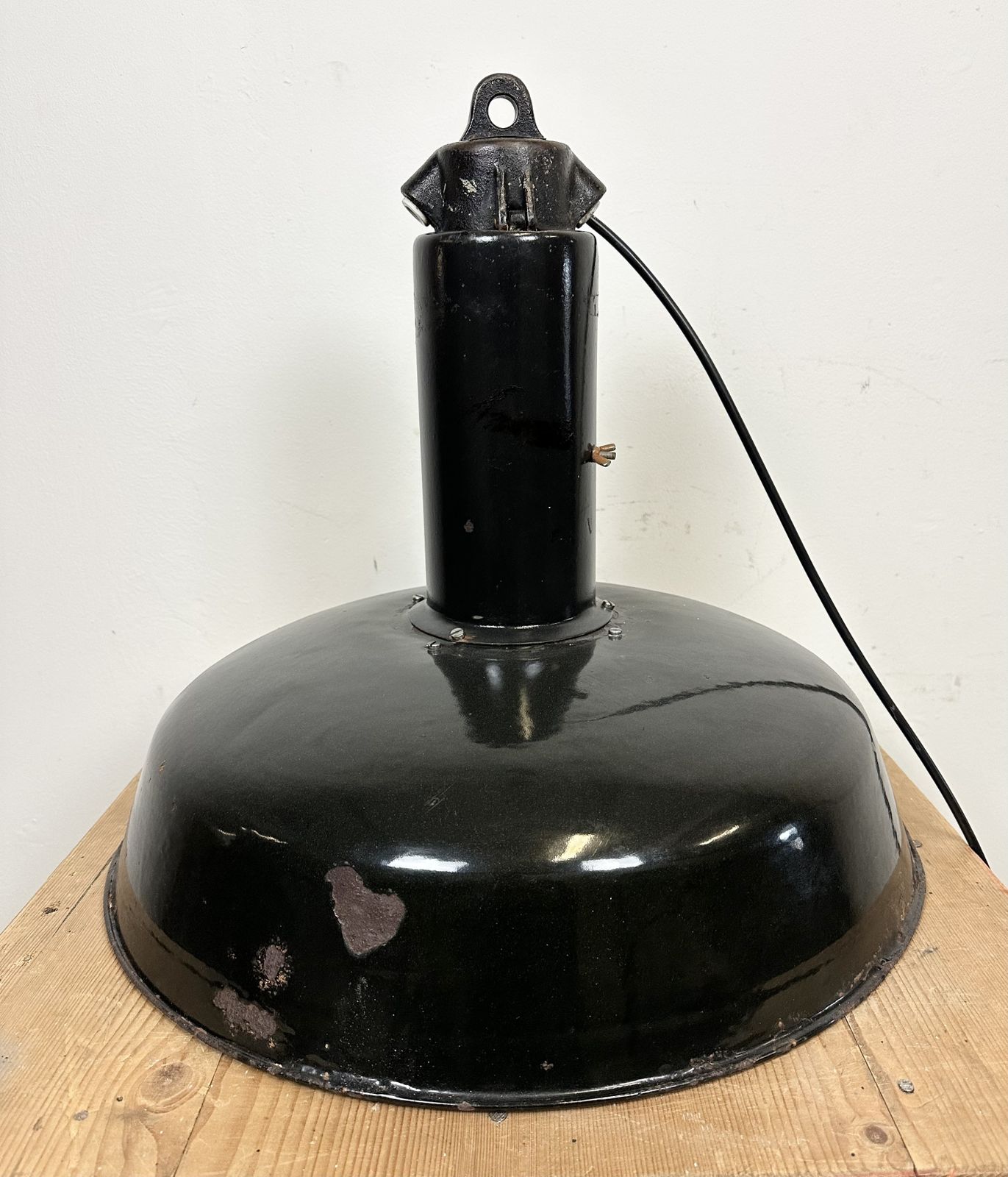 Industrial Black Enamel Factory Pendant Lamp With Iron Top, 1950s photo vinterior
