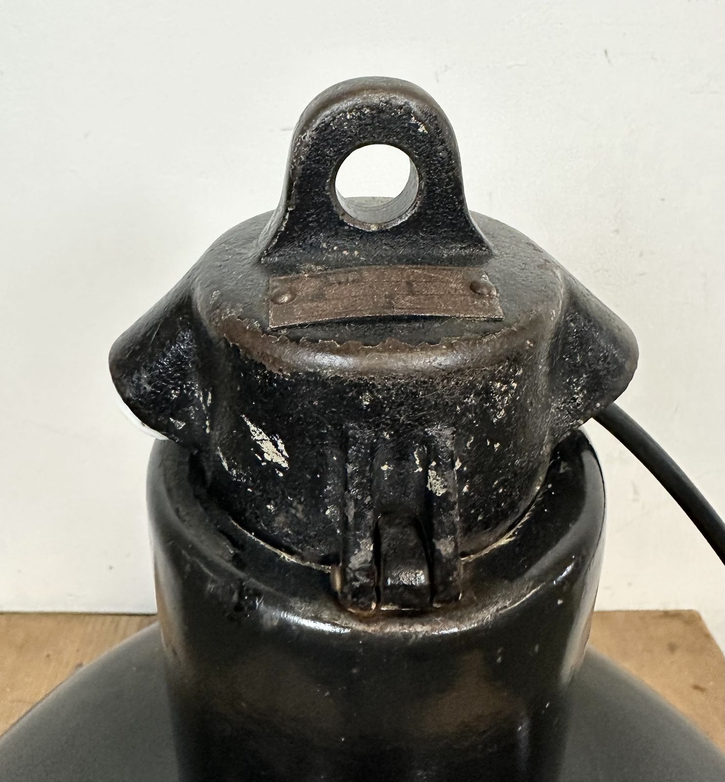 photo for sale Industrial Black Enamel Factory Pendant Lamp With Iron Top, 1950s