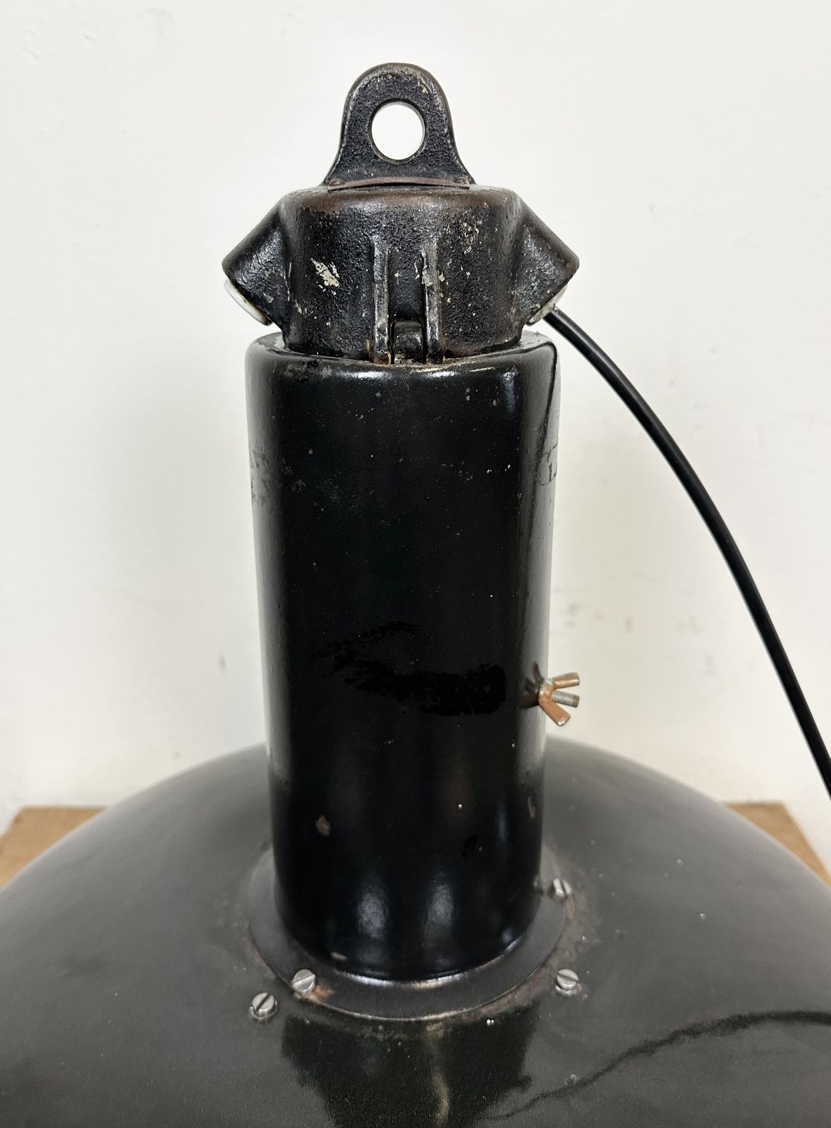 Lighting Industrial Black Enamel Factory Pendant Lamp With Iron Top, 1950s photo