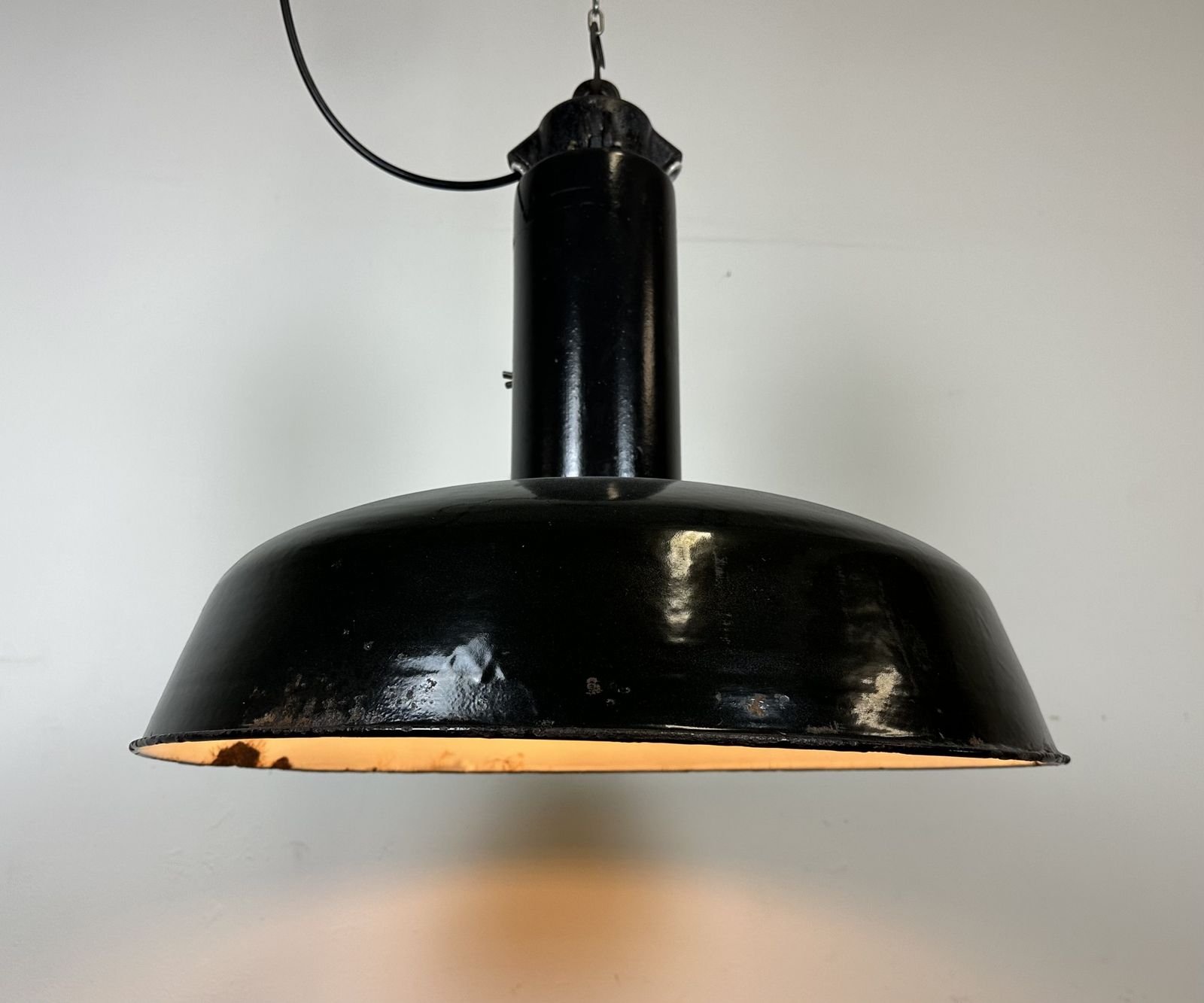 199.0 Industrial Black Enamel Factory Pendant Lamp With Iron Top, 1950s photo