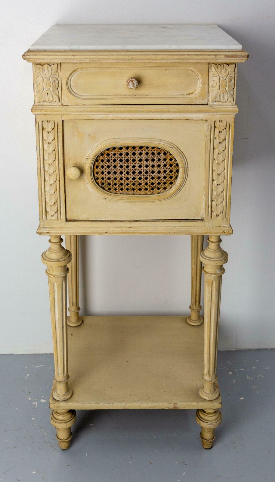 French Bedside Table Patinated Wood, Marble Top & Cane Door Louis XVI St, C 1900 photo 750.0