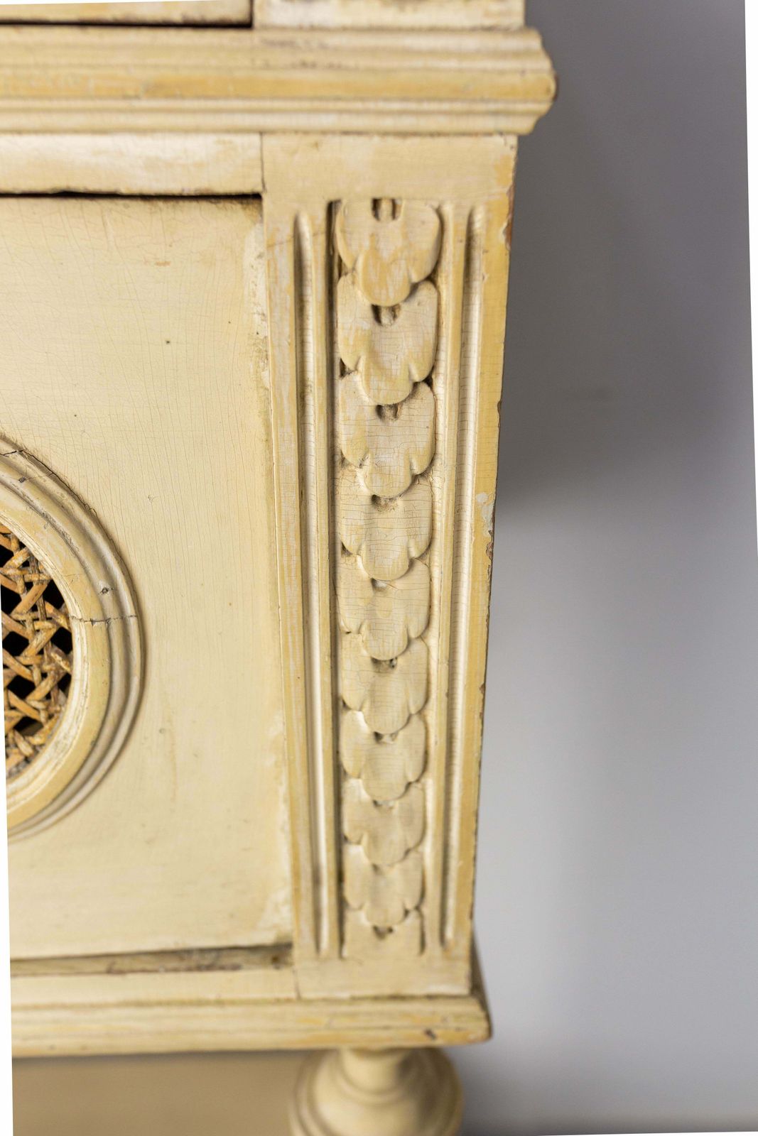 photo for sale French Bedside Table Patinated Wood, Marble Top & Cane Door Louis XVI St, C 1900