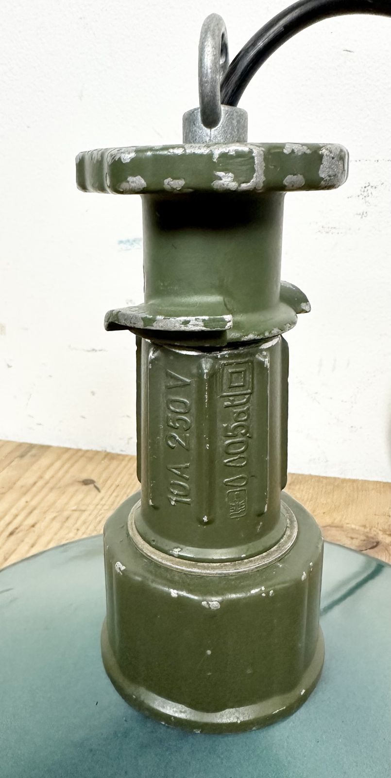 Industrial Green Enamel Pendant Lamp With Cast Aluminium Top, 1960 photo vintage