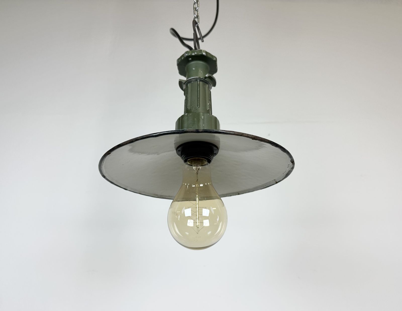 photo for sale Industrial Green Enamel Pendant Lamp With Cast Aluminium Top, 1960