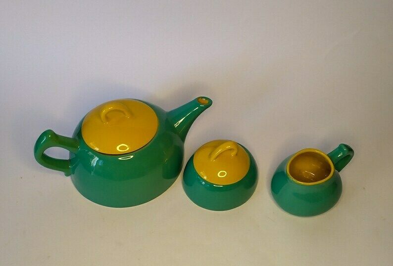 Thè Set Ceramic Service Najoleari Design Massimo Iosa Ghini Vintage 80s 90 Tea Green Yellow Futurist Memphis Style photo for sale