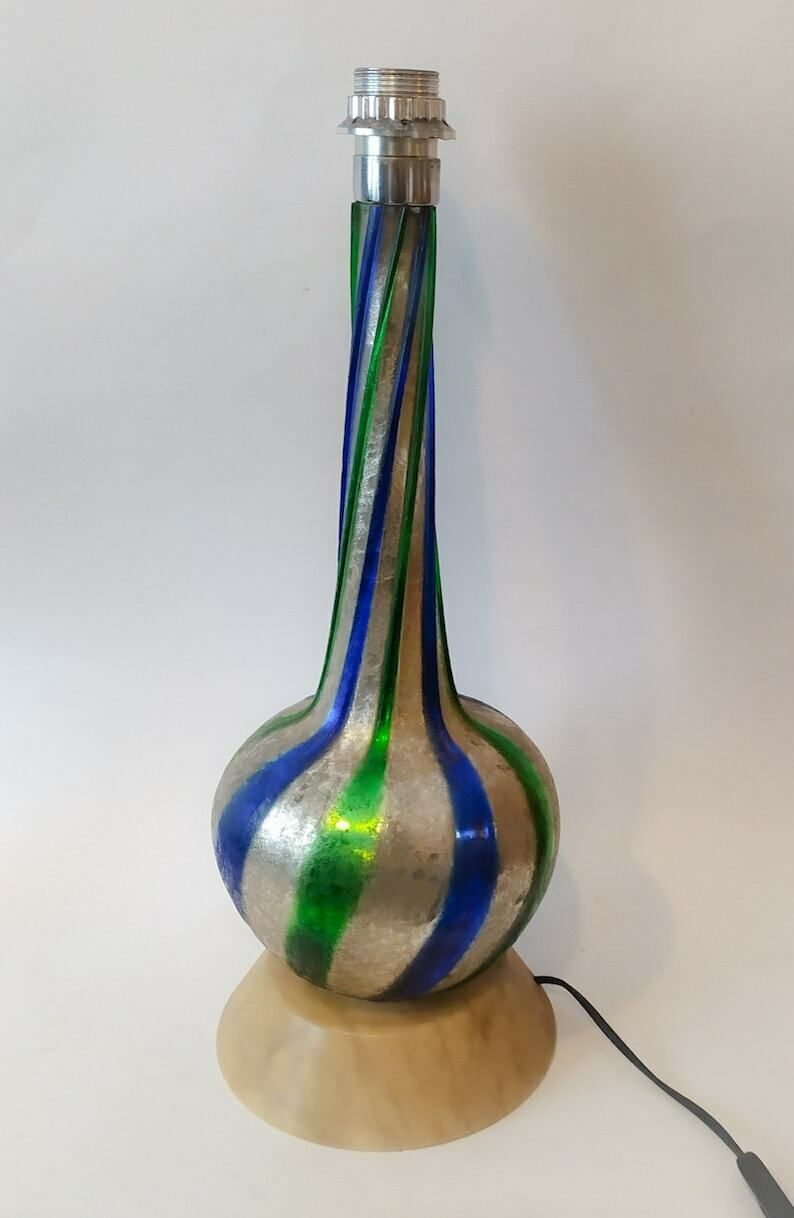 Rara Murano Glass Lamp Ice Effect With Blue And Green Reeds Base In Vintage Space Age Italian Glass Design Marble