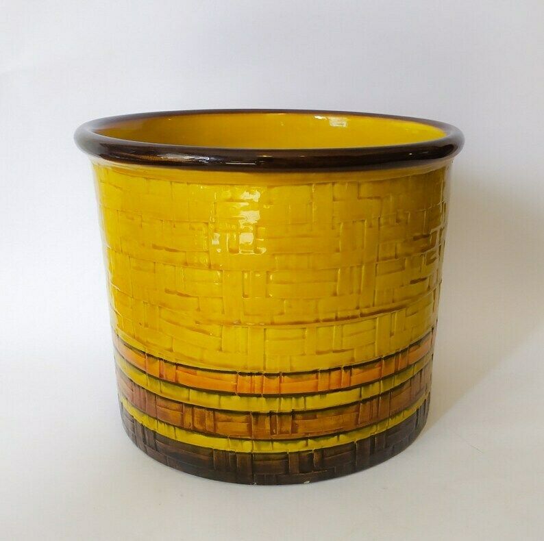 Sahara Bitossi Vintage Ceramic Vase Design Aldo Londi Cachepot Mid Century Paoli Yellow Brown Orange Modern Italian Pottery