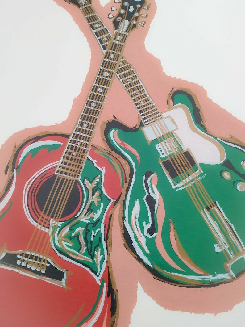 Beny Giansiracusa Generational Meeting Made In Italy Pop Art Graphic Painting 50 X 70 Cm Guitar photo for sale