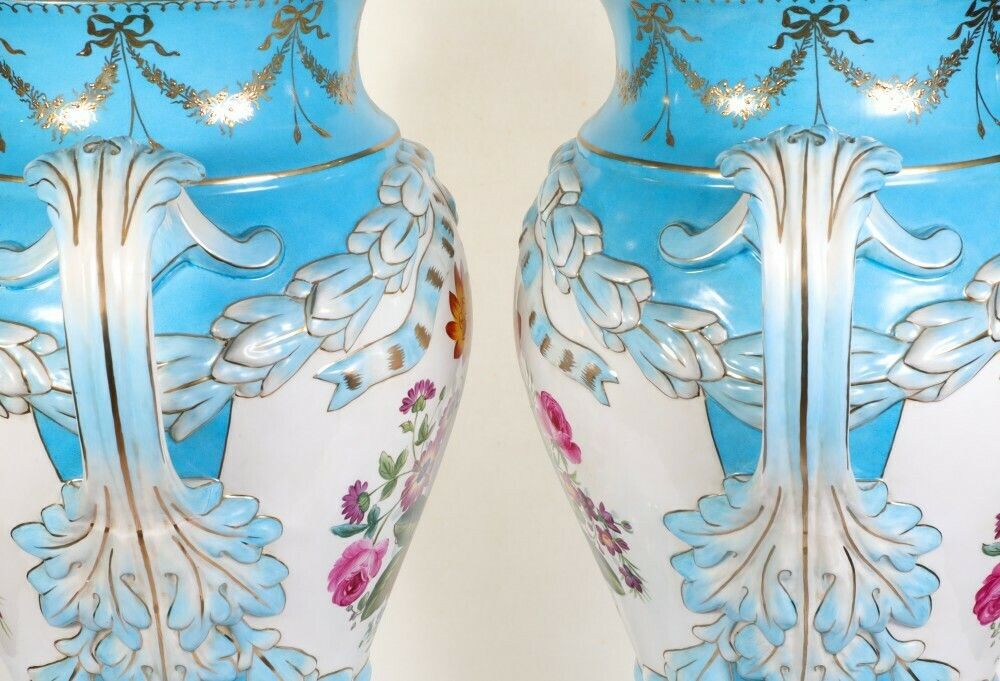 950.0 Pair Sevres Porcelain Vases Floral Urns French photo