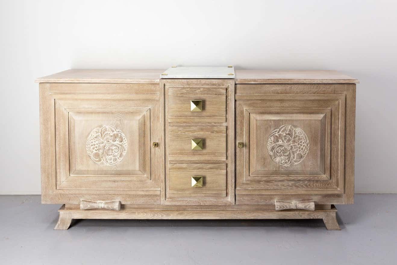 Buffet Art Deco Cerused Oak Marble Top & Brass, French, Circa 1930 photo for sale