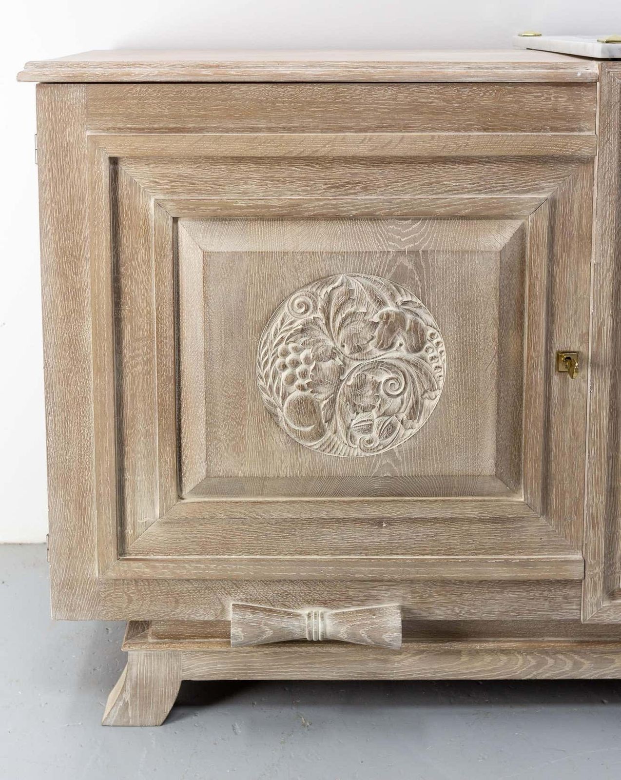 photo furniture Buffet Art Deco Cerused Oak Marble Top & Brass, French, Circa 1930