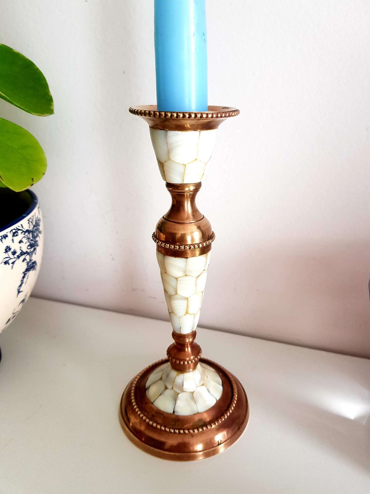 Rare, Single Candle Holder In Mother Of Pearl And Vintage Brass photo for sale