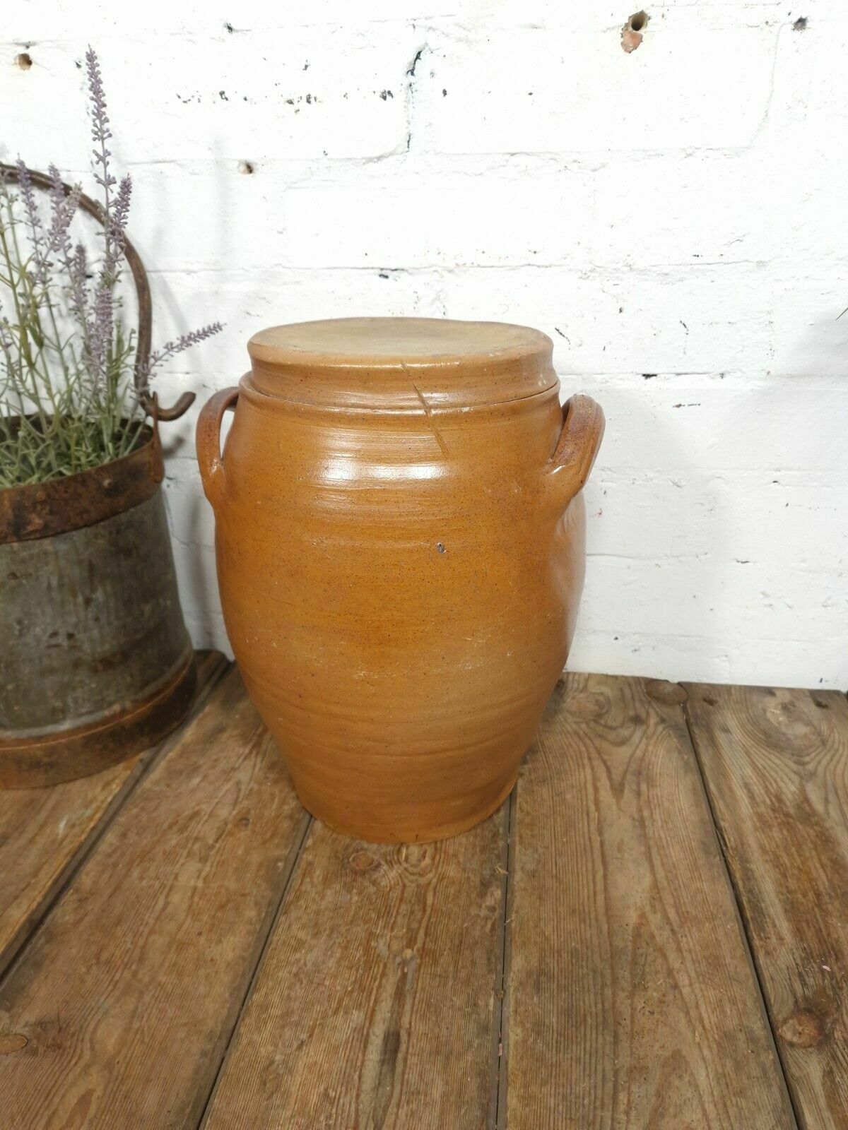 Large Antique French Stoneware Glazed Confit Pot With Lid photo furniture