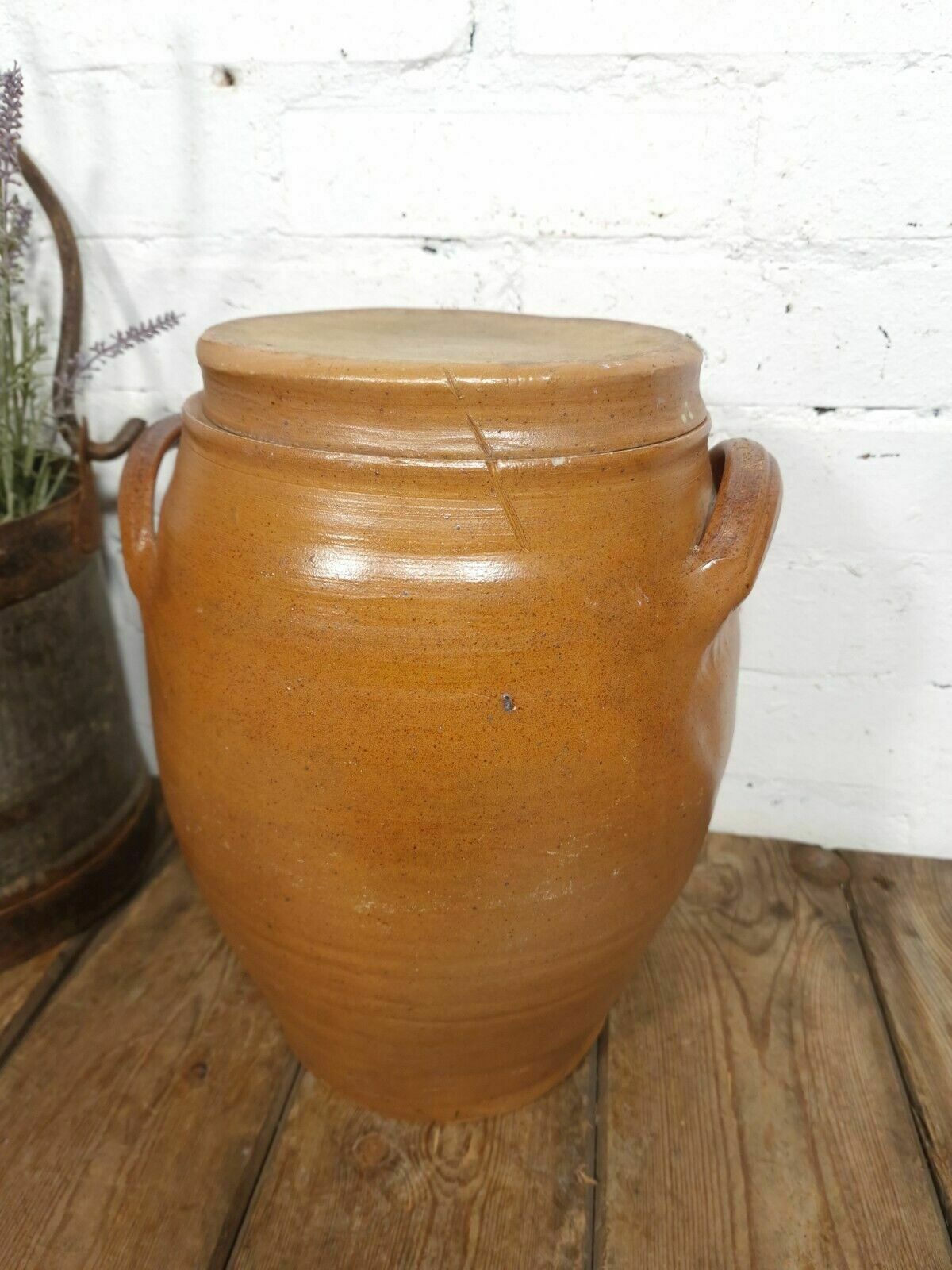 Large Antique French Stoneware Glazed Confit Pot With Lid photo for sale