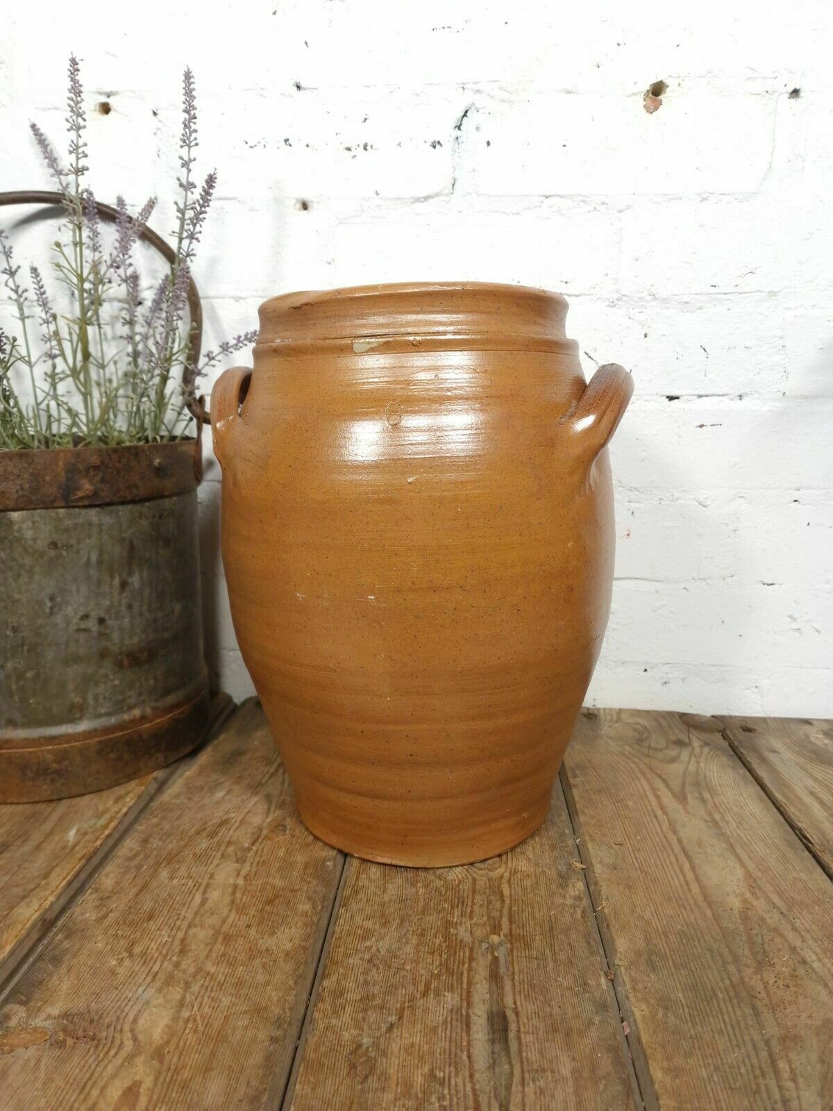 Large Antique French Stoneware Glazed Confit Pot With Lid photo vinterior
