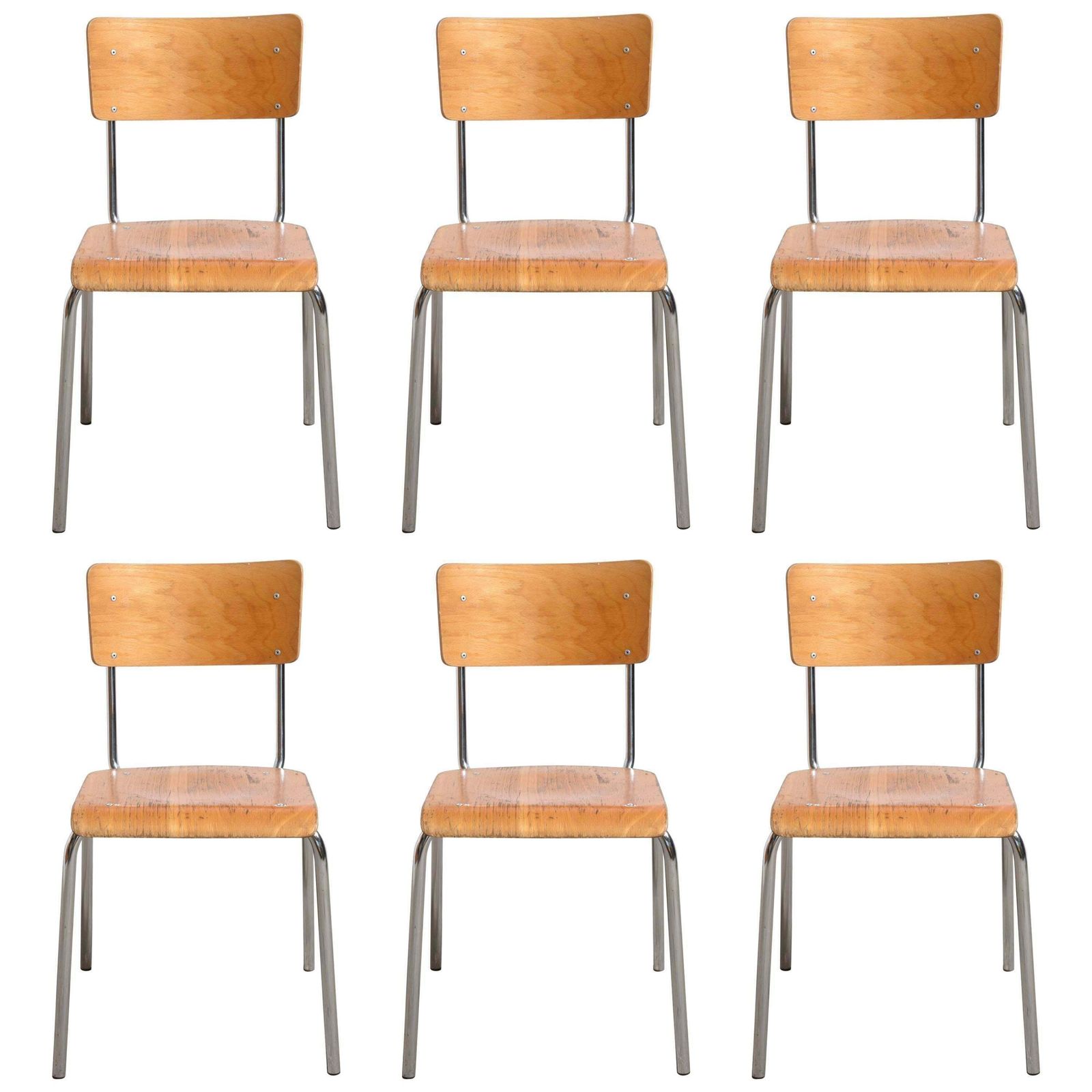 Set Of Six Tubax Stacking Chrome Tubular Beech Chairs