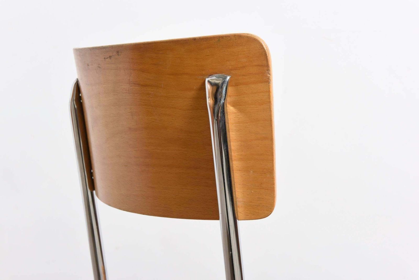 Set Of Six Tubax Stacking Chrome Tubular Beech Chairs photo vinterior
