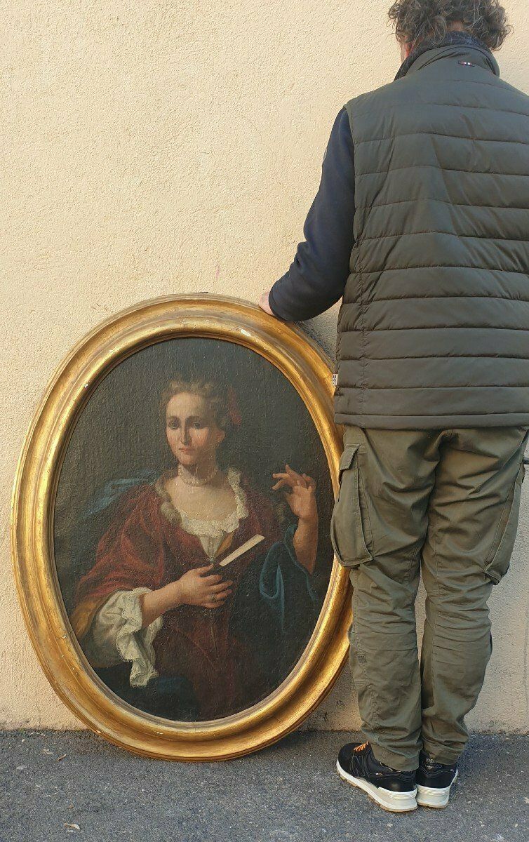 2450.0 Portrait Of Lady With A Fan, Framed Oval, Eighteenth Century photo