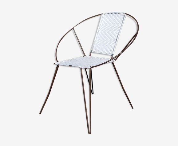 Vintage Armchair In Black Metal And White Plastic Cane