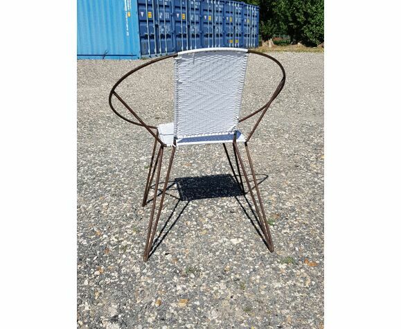 Vintage Armchair In Black Metal And White Plastic Cane photo furniture
