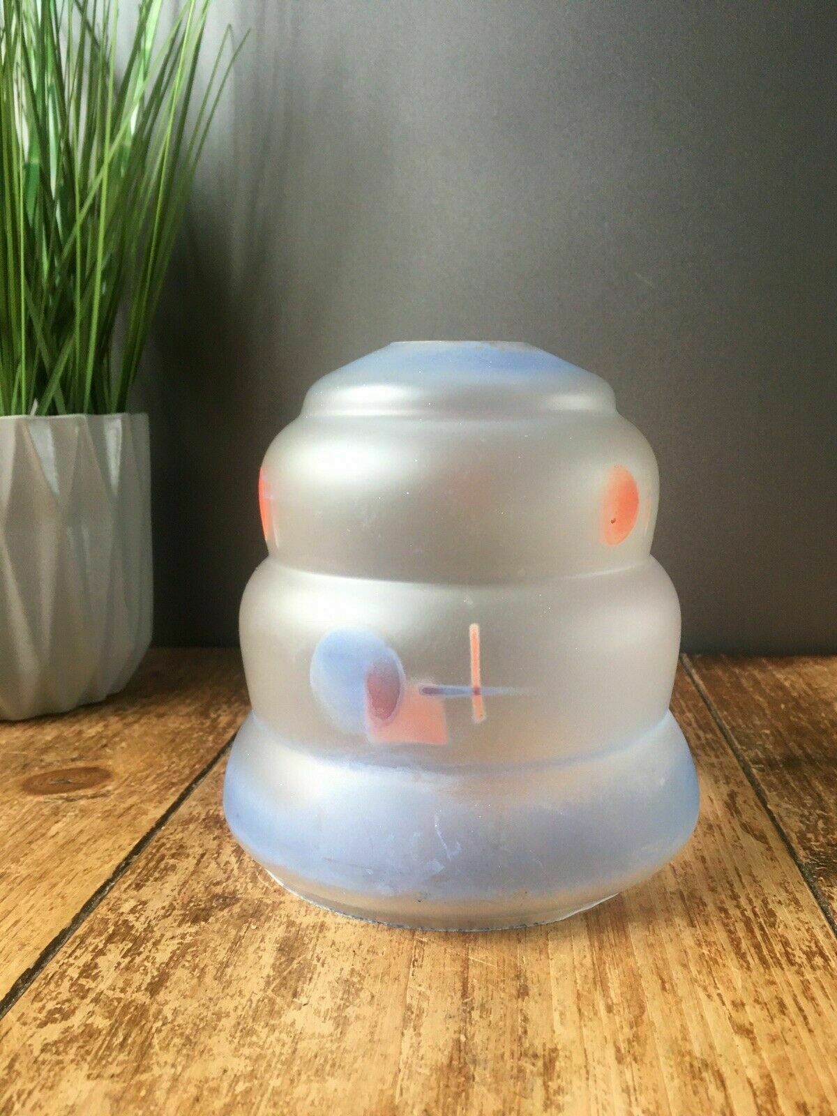 Art Deco 1930s Blue Red Frosted Geometric Beehive Glass Lamp Light Shade Vintage photo furniture