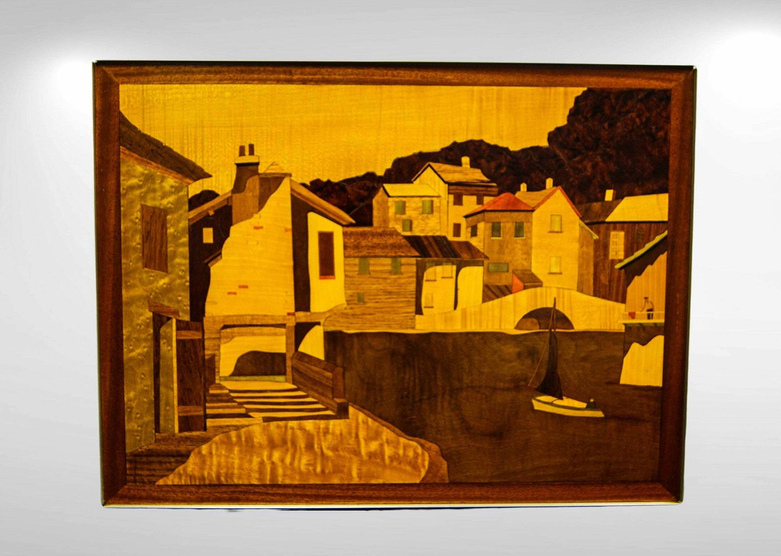 Mid Century Inlay Burl Wood Marquetry Wall Art Of A Coastal Scenery, Artist Signed & Dated