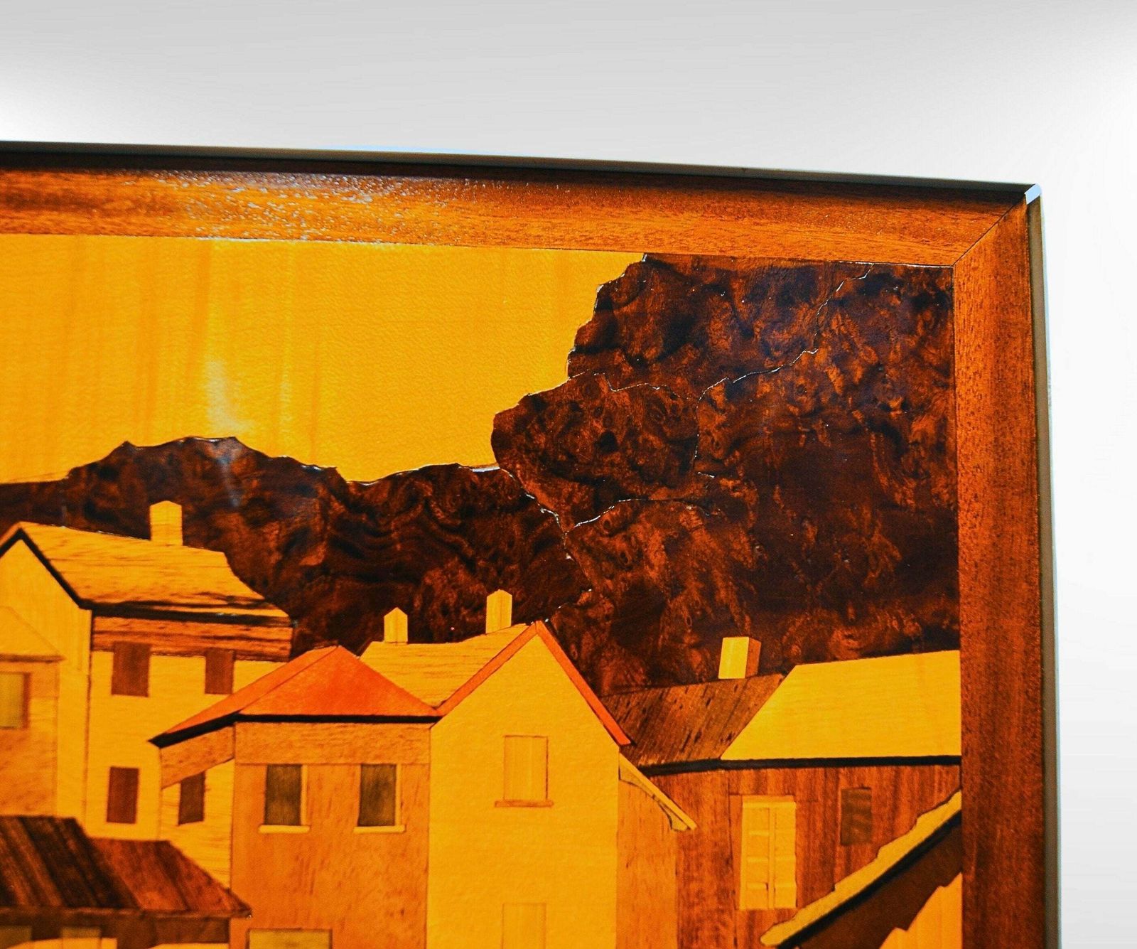 Mid Century Inlay Burl Wood Marquetry Wall Art Of A Coastal Scenery, Artist Signed & Dated photo Art