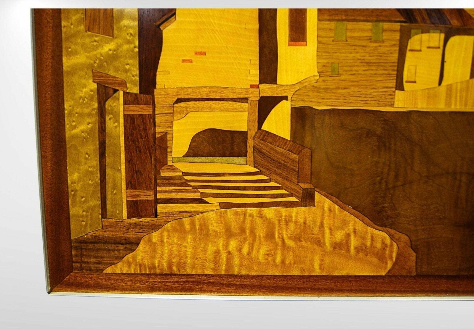 Mid Century Inlay Burl Wood Marquetry Wall Art Of A Coastal Scenery, Artist Signed & Dated photo 365.0