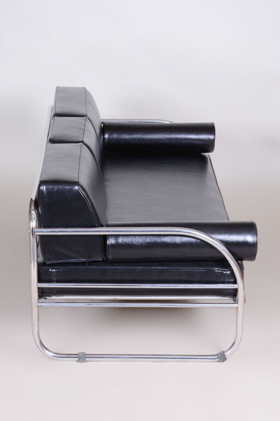 Restored Black Bauhaus Sofa, Robert Slezak, High Quality Leather, Chrome Plated Steel, 1930s photo for sale