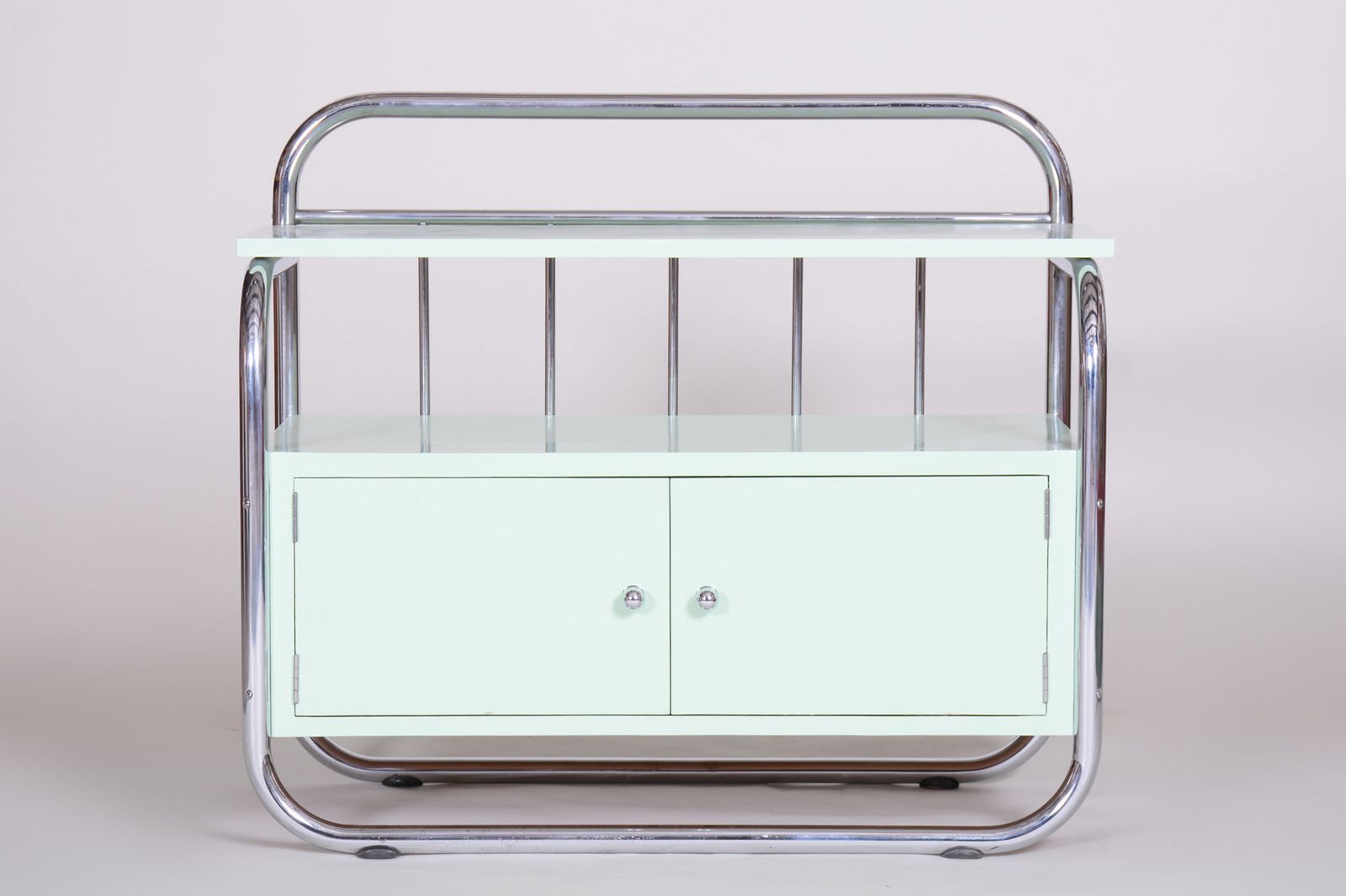 Restored Small Bauhaus Cabinet, Chrome Plated Steel, Lacquered Wood, Czechia, 1930s photo for sale