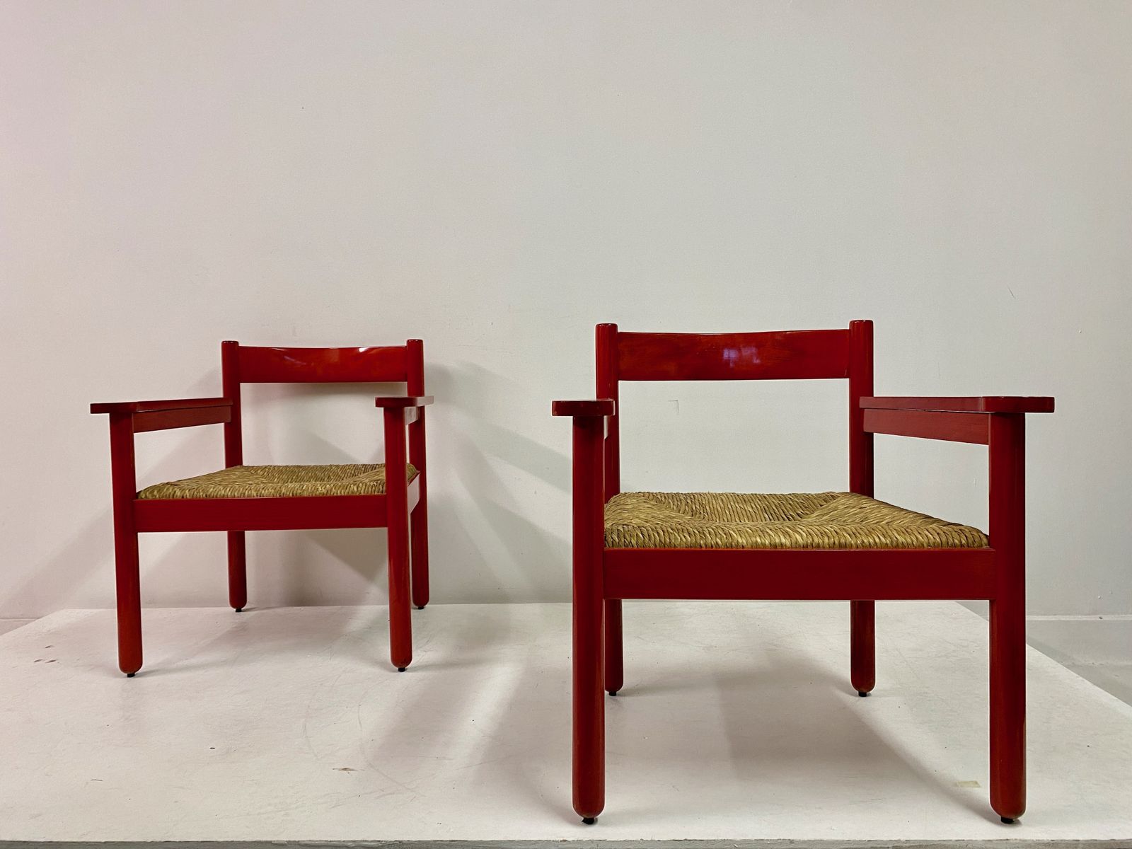 Furniture Pair Of Italian Red Armchairs With Rush Seats photo