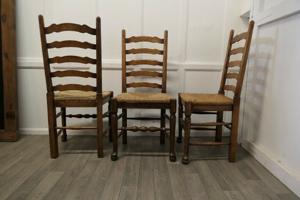 19th Century Set Of 3 Farmhouse Ladder Back Dining Chairs photo for sale