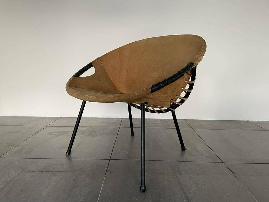 Mid Century Modern Suede Leather Balloon Lounge Chair By Hans Olsen, 1950s, Denmark