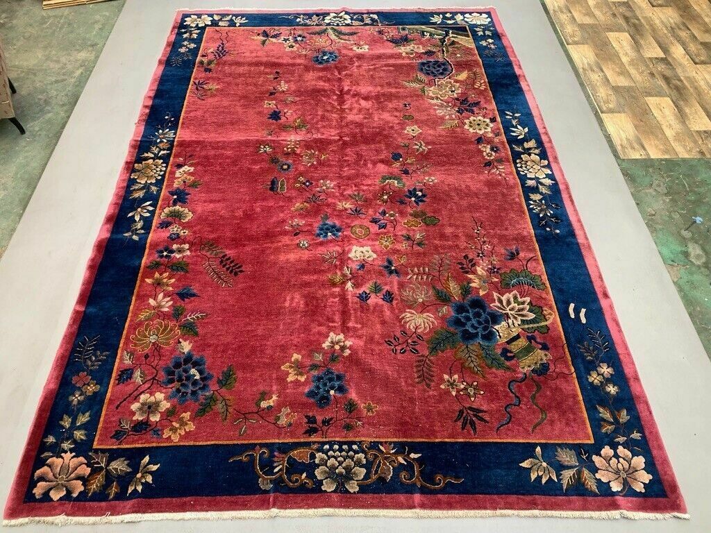 Large Chinese Art Deco Carpet, 448x308 Cm, 1920s Wool, Handmade, Pink Blue Rug photo 8650.0