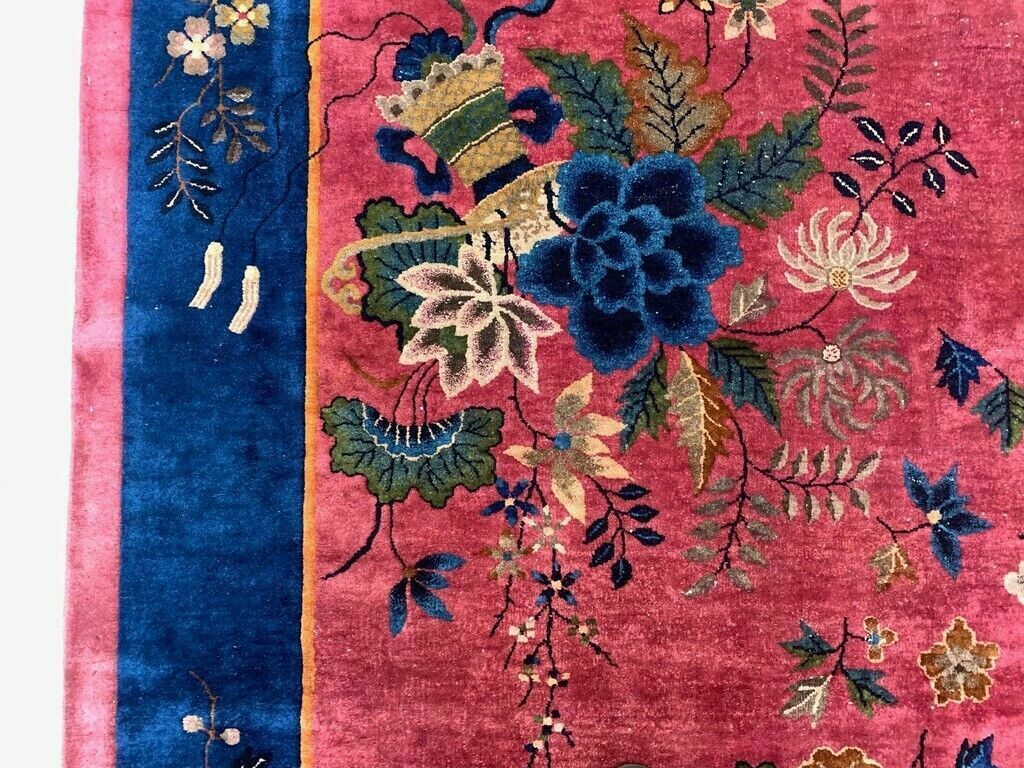 Textiles Large Chinese Art Deco Carpet, 448x308 Cm, 1920s Wool, Handmade, Pink Blue Rug photo