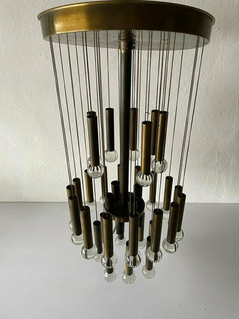 Exceptional Multiple Tubes With Glass Balls Italian Design Brass Chandelier, 1960s, Italy photo Lighting