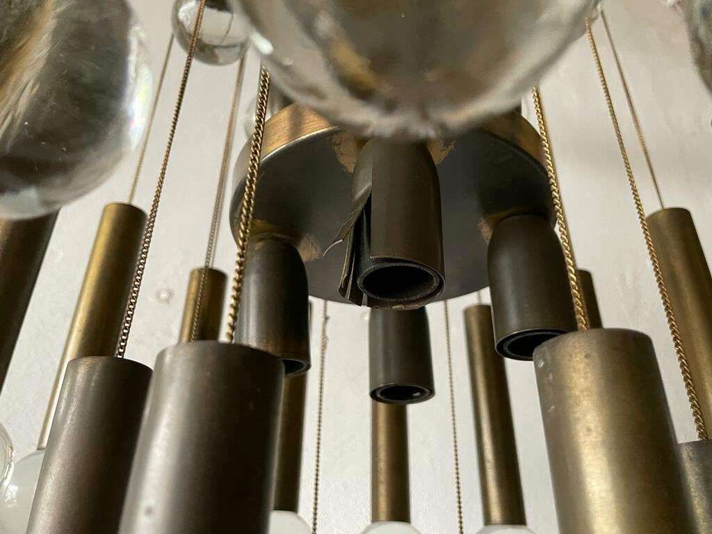 Exceptional Multiple Tubes With Glass Balls Italian Design Brass Chandelier, 1960s, Italy photo buy