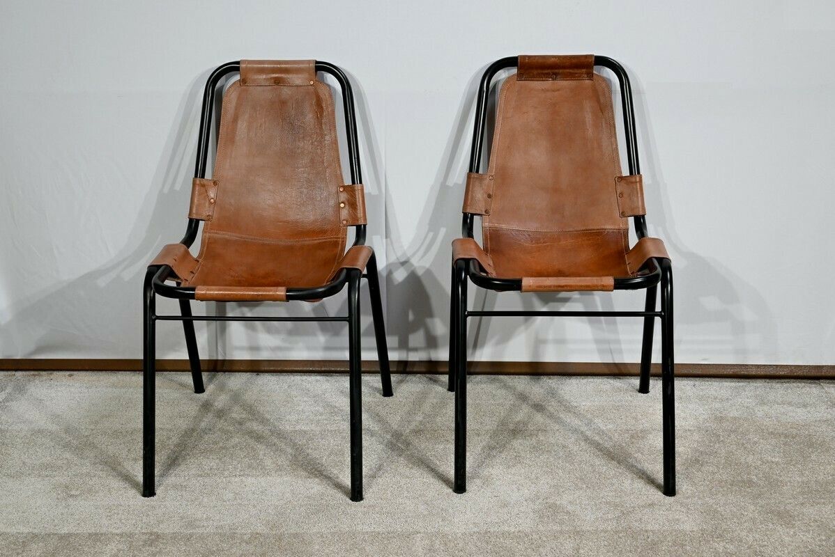 Pair Of Metal And Leather Chairs, After C. Perriand For Les Arcs – 1960