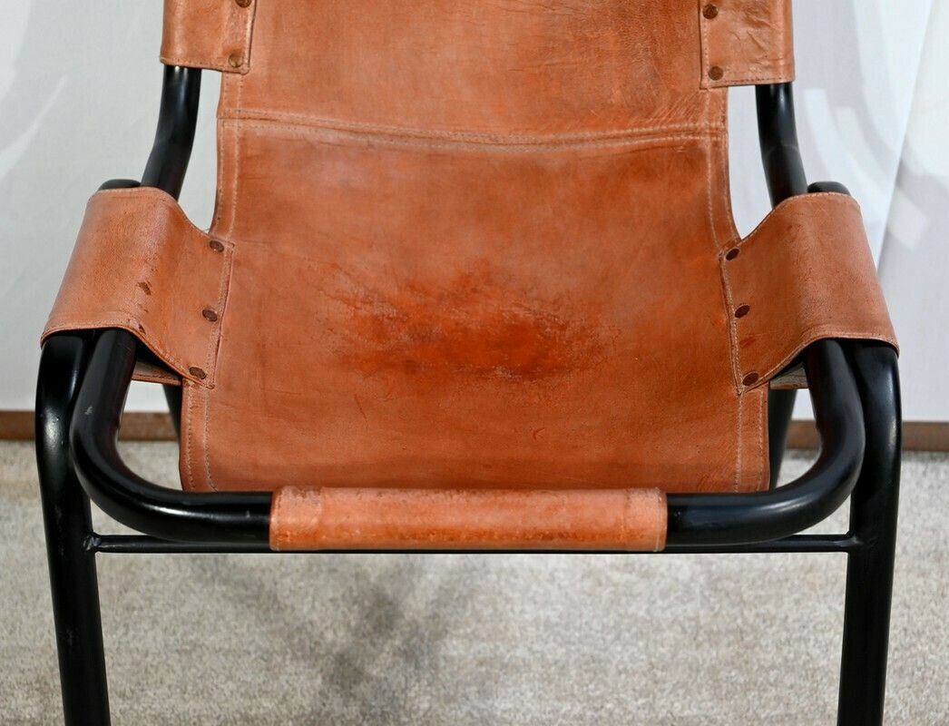 photo buy Pair Of Metal And Leather Chairs, After C. Perriand For Les Arcs – 1960