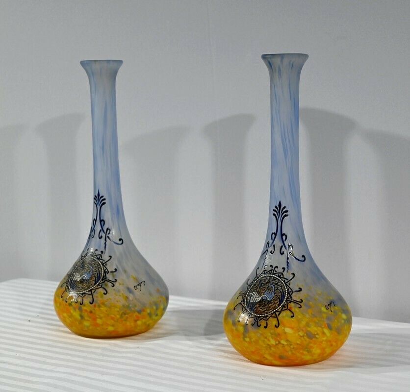 Pair Of Glass Paste Vases, Signed Legras – Late 19th Century photo for sale