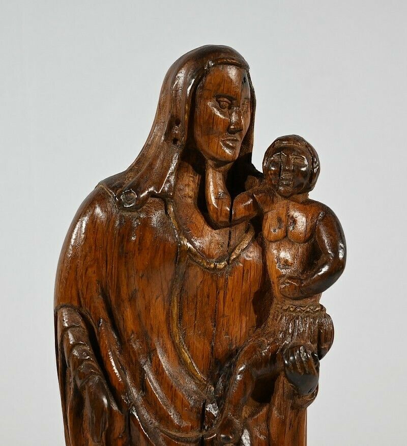 Sculpture In Olive Wood "Madonna And Child"   Late 19th Century photo 774.56