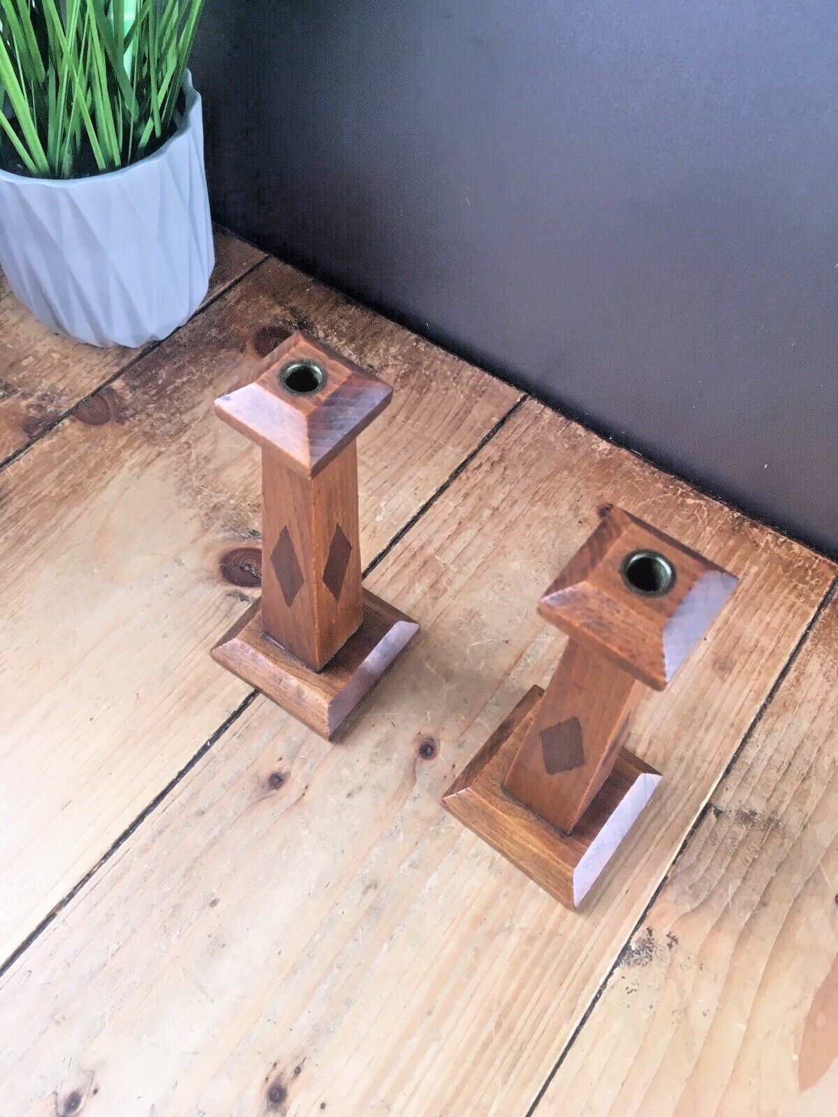 Pair Of Antique Art Deco Inlaid Geometric Oak Wood Candlesticks Candle Holders photo vintage
