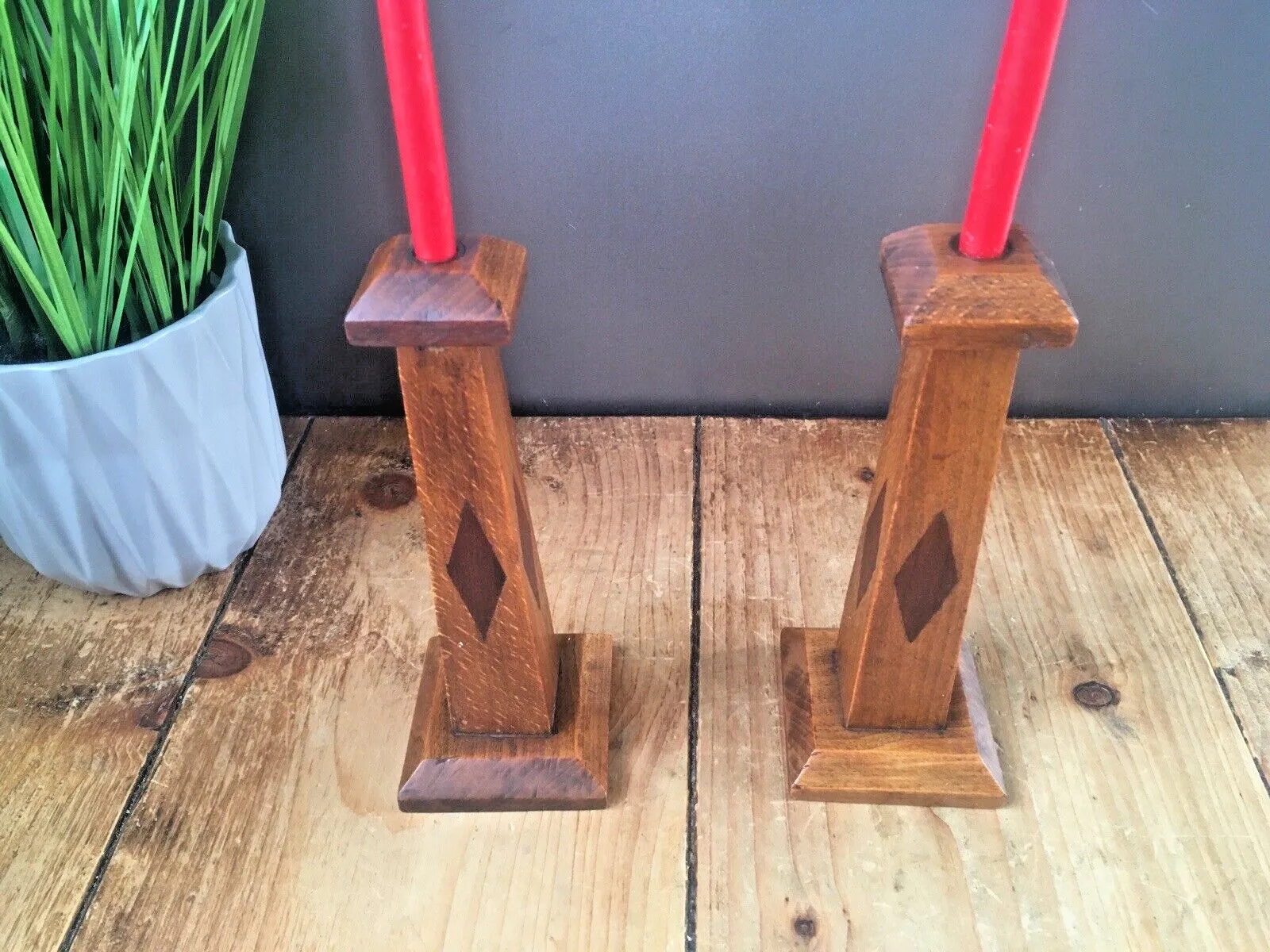 photo vinterior Pair Of Antique Art Deco Inlaid Geometric Oak Wood Candlesticks Candle Holders