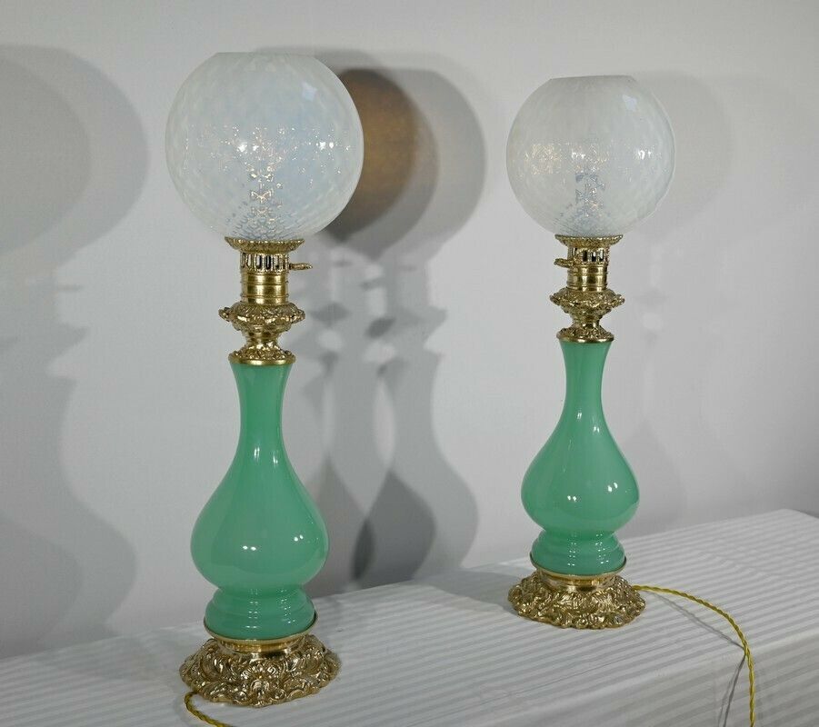 Pair Of Opaline And Bronze Lamps   Late 19th Century photo for sale