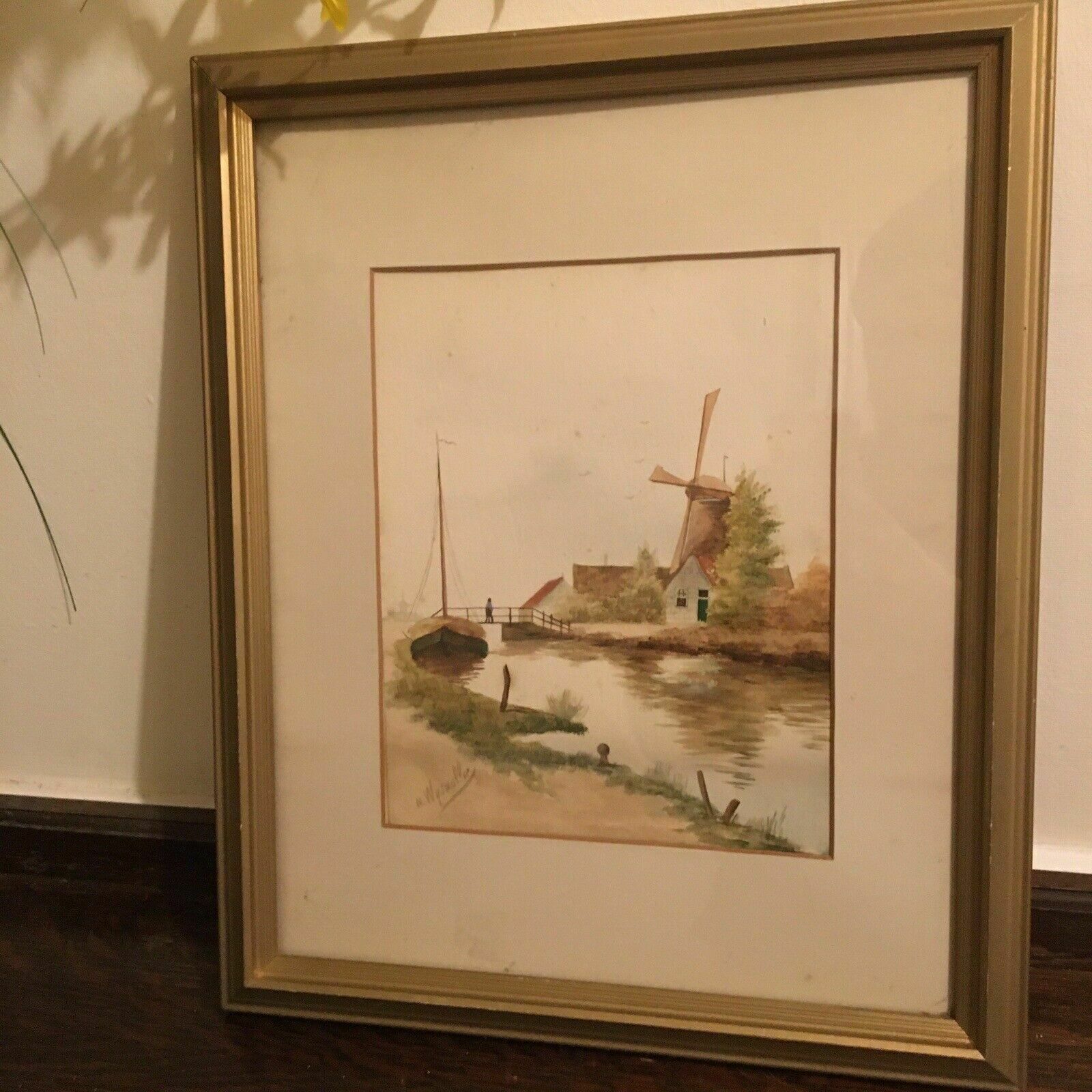 N Wijsmuller Watercolour Painting Taditional Dutch Antique Windmill Vintage photo Art