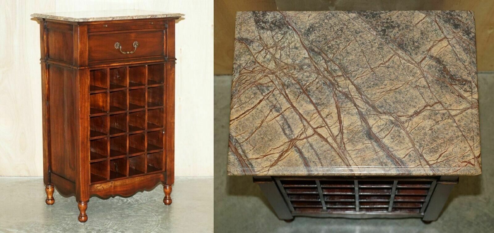 Marble Topped Side Table With Wine Bottle Holders For 20 Bottles & Serving Tray