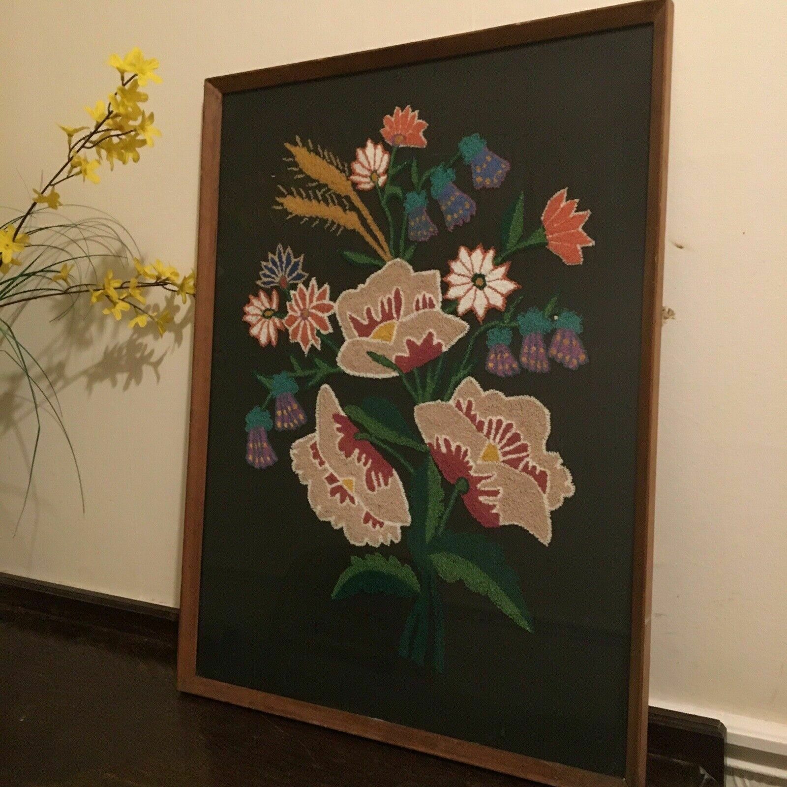 Xl Large Wonderful Vintage Framed Floral Flowers Embroidery Nouveau 70s Revival photo furniture
