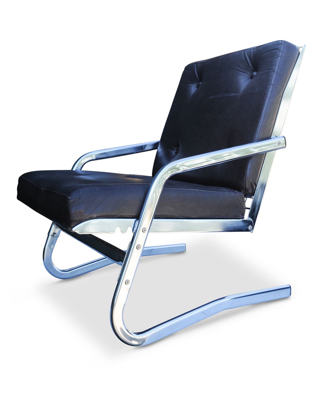 Tubular Chrome Framed Cantilever Chair With An Adjustable Reclining Backrest With Brown Upholstered Buttoned Back And Seat By Pierson Of France Ol