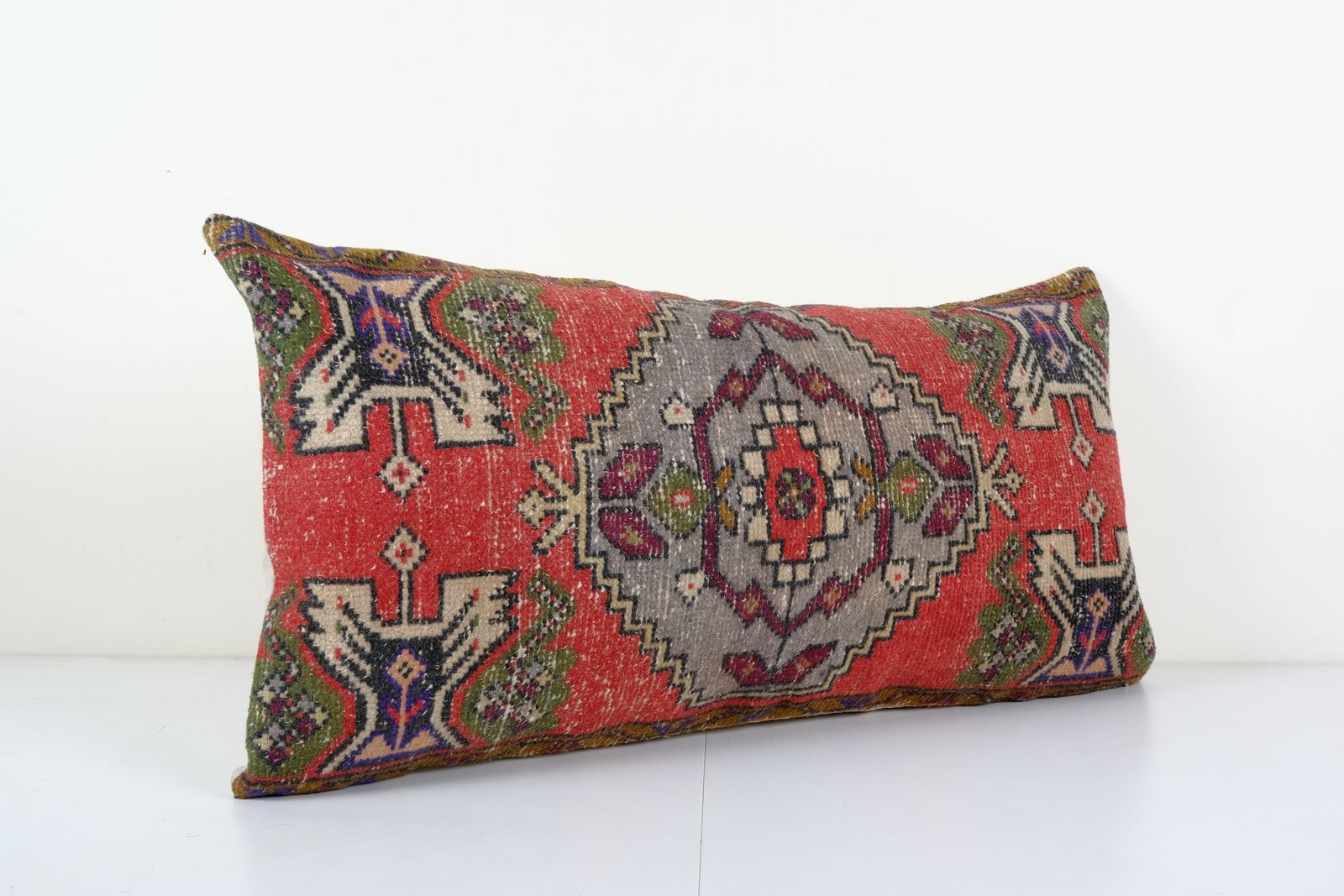 Vintage Turkish Carpet Pillow Cover, Tribal Design Anatolian Cover, Old Pale  Lumbar  Pillow 18'' X 35'' photo Textiles