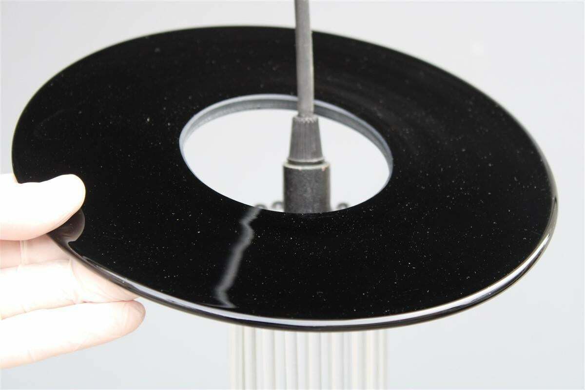 Minimal Round Chandelier 1980 Black Murano Glass Ettore Sottsass Style photo vinterior